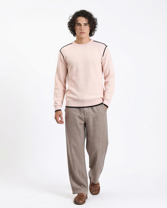 Ravin Men's Zig-Zag Textured Knit Sweater with Contrast Piping Detailsr - Beige - R214490