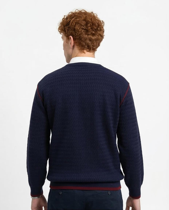 Ravin Men's Zig-Zag Textured Navy Knit Sweater with Contrast Tipping - R214488