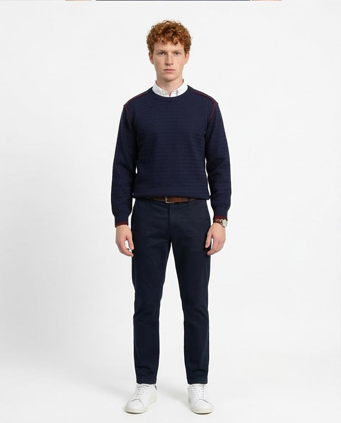 Ravin Men's Zig-Zag Textured Navy Knit Sweater with Contrast Tipping - R214488
