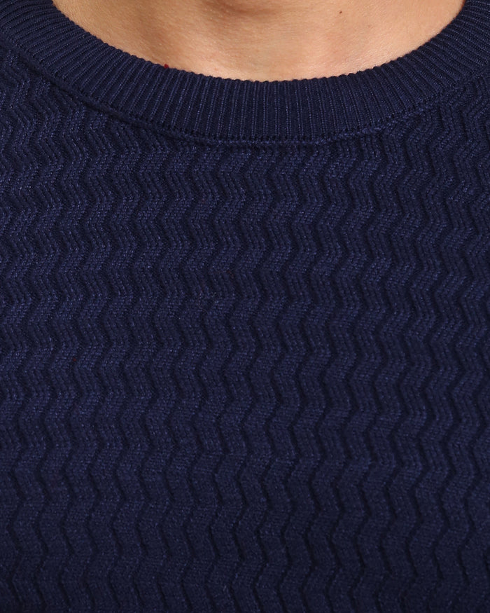 Ravin Men's Zig-Zag Textured Navy Knit Sweater with Contrast Tipping - R214488