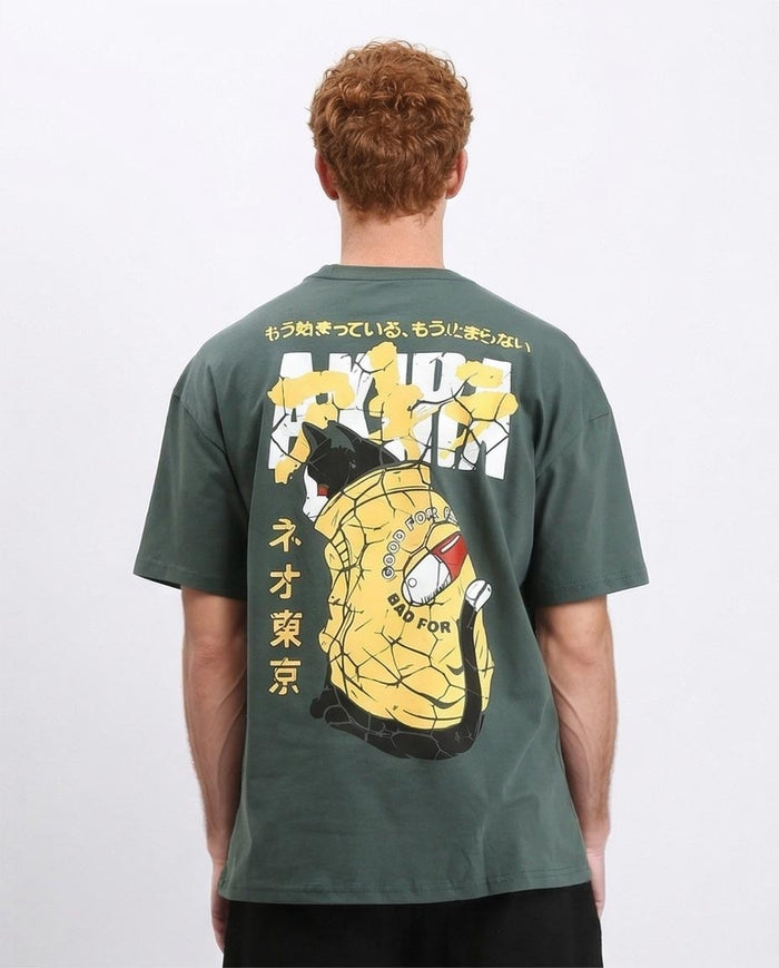 Ravin // "Neo-Tokyo Cat" Oversized Graphic T-Shirt – Forest Green - R208976