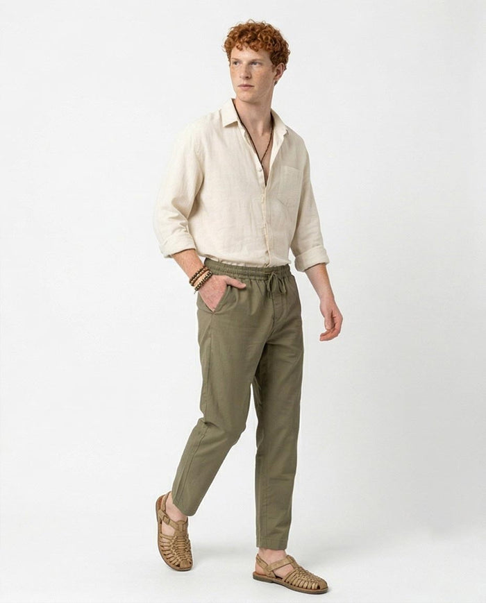 Ravin Olive Relaxed-Fit Drawstring Trousers in Cotton-Blend - O202901