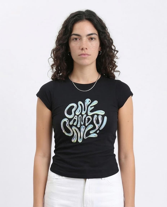 Person wearing a black t-shirt with a white graphic design on a plain background