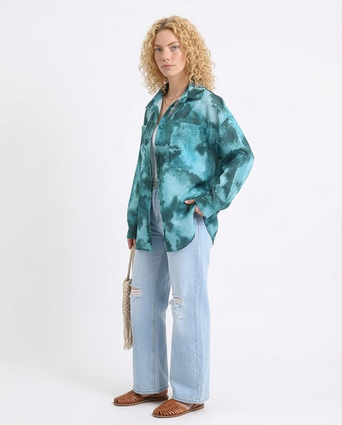 Ravin Oversized Abstract Print Button-Down Shirt – Teal & Forest Green - R204841