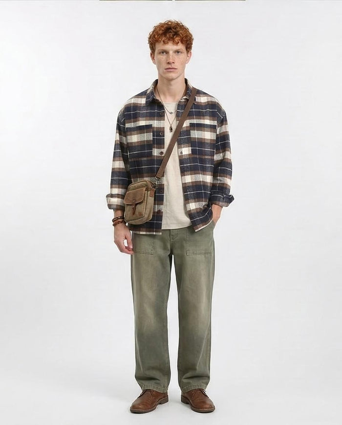 Ravin Oversized Heavyweight Plaid Flannel Shacket - Navy & Chocolate - R212085