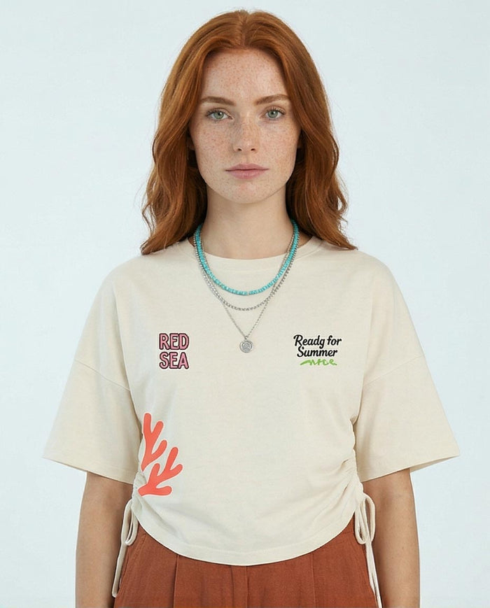 Ravin "Red Sea" Cinched-Waist Oversized Graphic T-Shirt – Cream - R216169