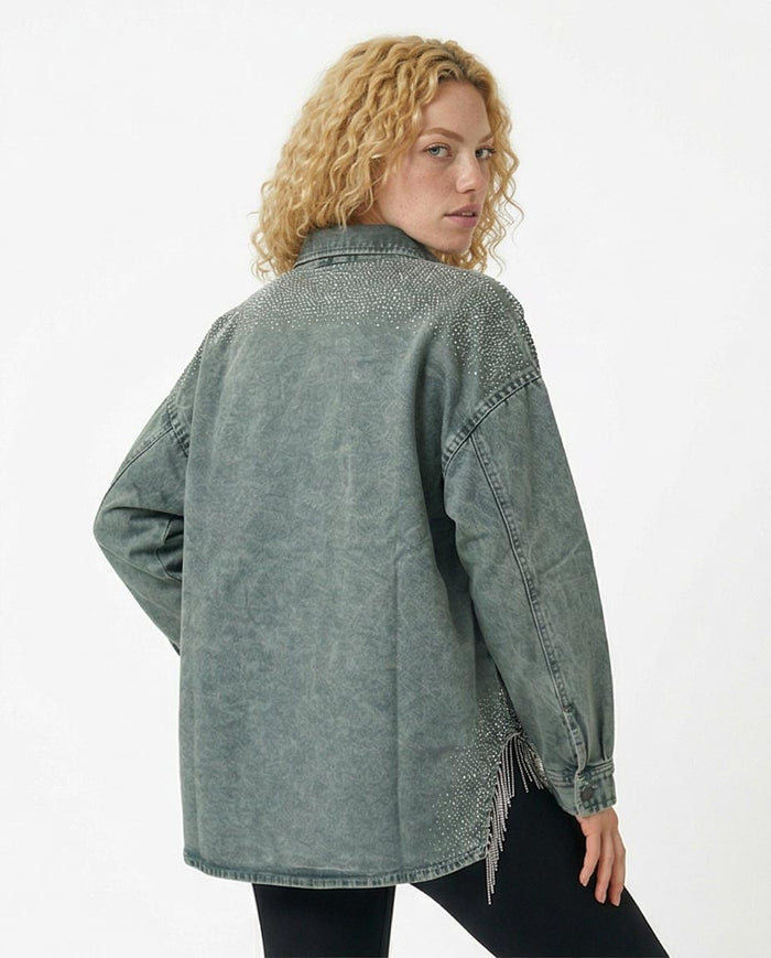 Ravin Rhinestone-Embellished Acid Wash Denim Jacket with Fringe Detail - Olive - R216816
