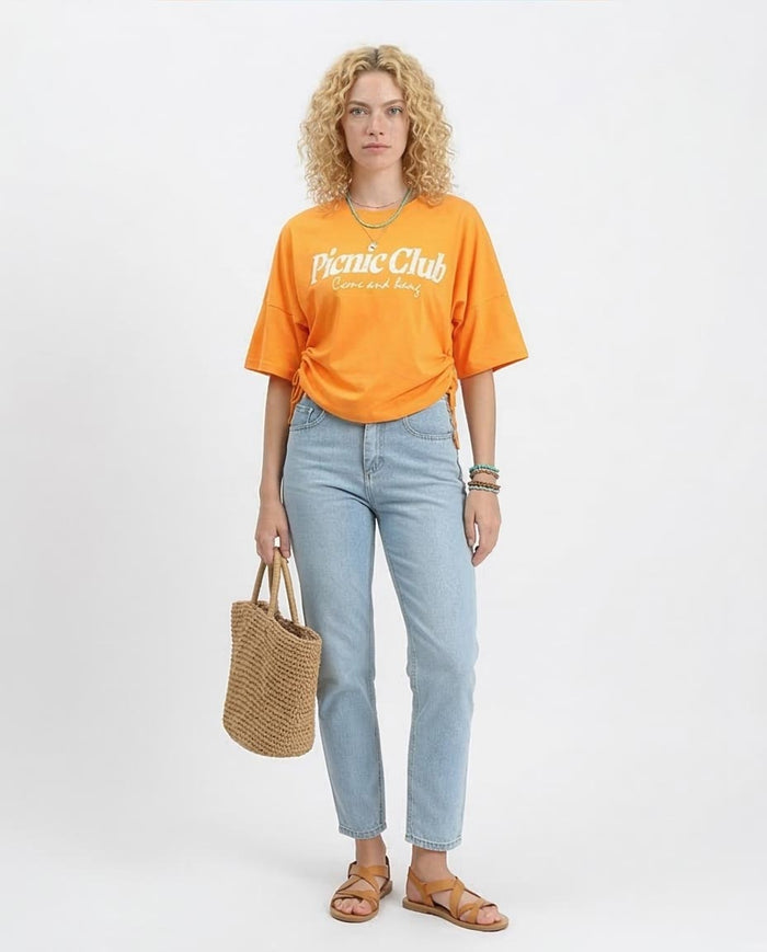 - Ravin Side-Cinch "Picnic Club" Tee in Sun-Kissed Orange - R209232