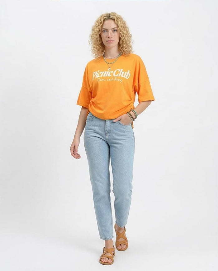 - Ravin Side-Cinch "Picnic Club" Tee in Sun-Kissed Orange - R209232