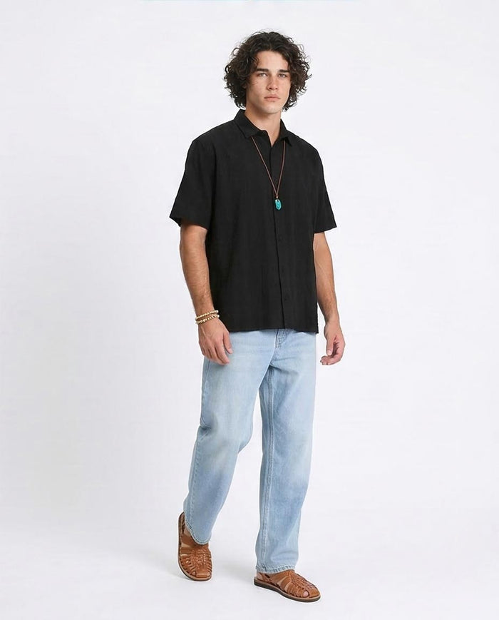 Ravin | Textured Stripe Relaxed Fit Short Sleeve Shirt - Black - R210825