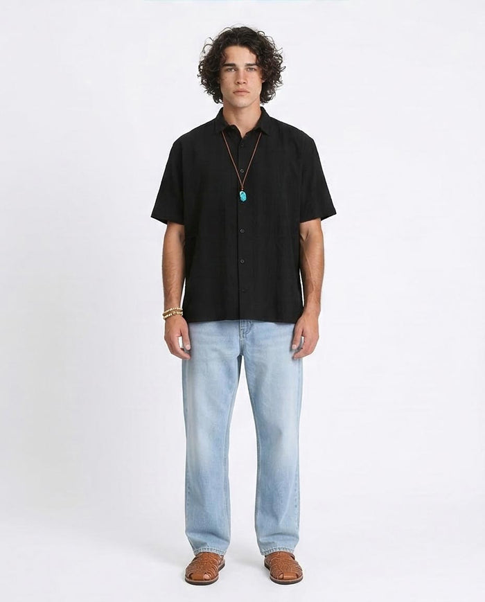 Ravin | Textured Stripe Relaxed Fit Short Sleeve Shirt - Black - R210825
