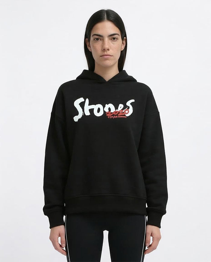 Person wearing a black hoodie with 'Stones' logo on a white background