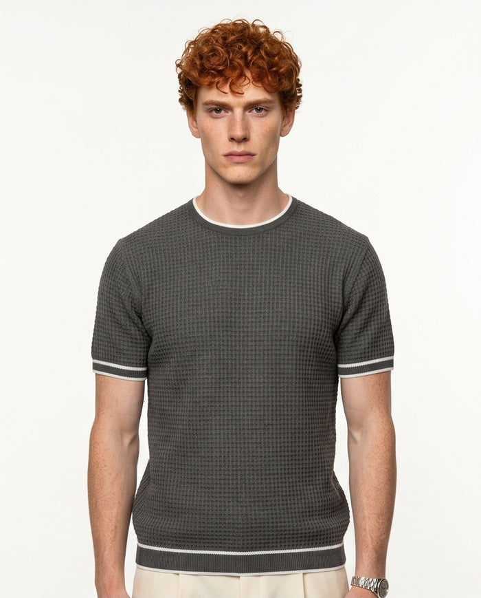 Ravin Tipped Waffle-Knit Short Sleeve Tee - Dark Beige - R206906