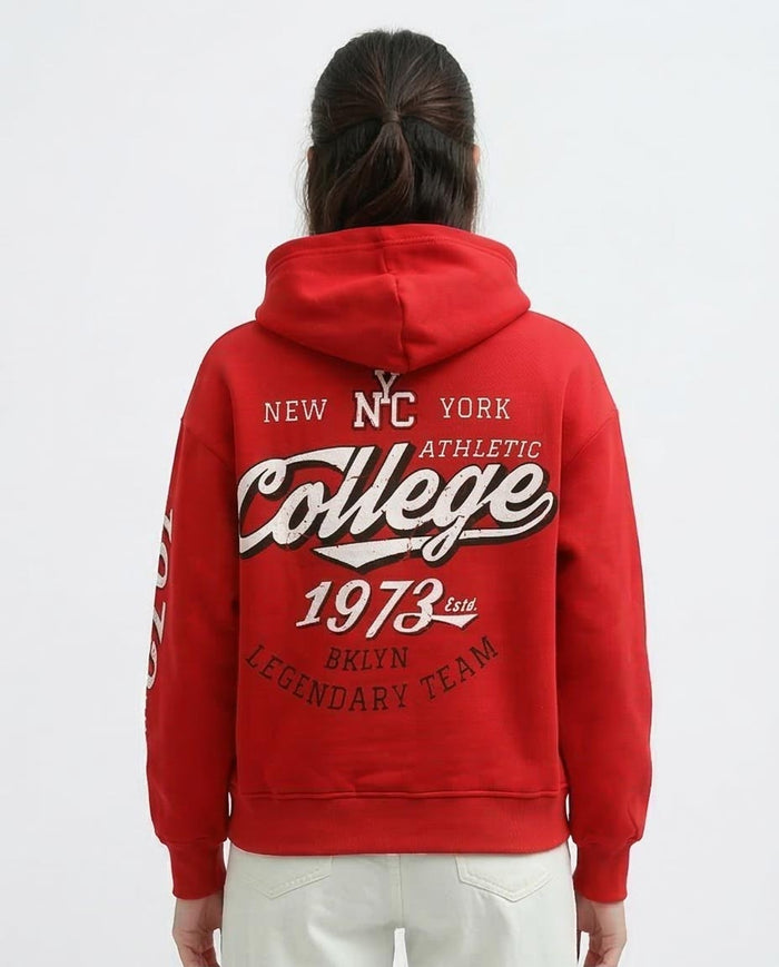 Ravin Unisex Oversized Red Hoodie with Retro College Graphic - o197574