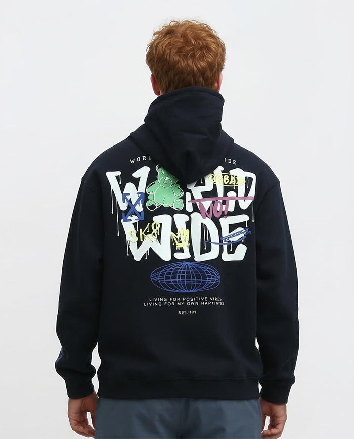 Ravin | Urban "World Wide" Graffiti Oversized Hoodie - Navy o193404