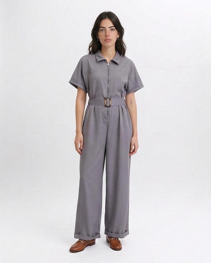 Utility Wide-Leg Jumpsuit with Tortoise Belt