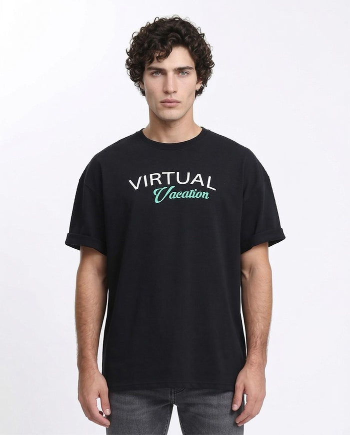 "virtual Vacation" Oversized Graphic T-Shirt - Black