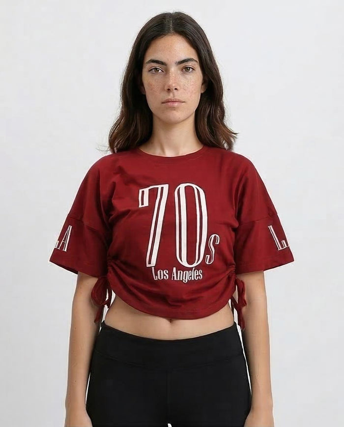Women's 70s Los Angeles Graphic T-Shirt with Side-Cinch Drawstrings - Burgundy