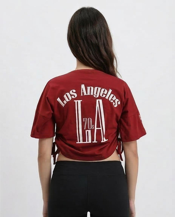 Ravin Women's 70s Los Angeles Graphic T-Shirt with Side-Cinch Drawstrings – Burgundy - O203335