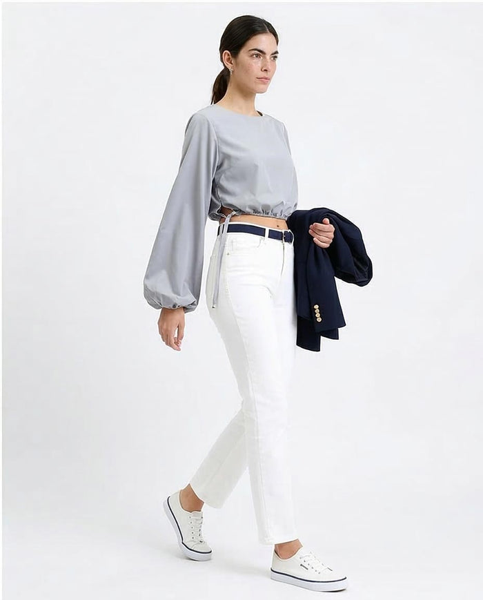Ravin Women’s Boat-Neck Cropped Blouse with Elasticated Bubble Hem – Slate Grey -R208787