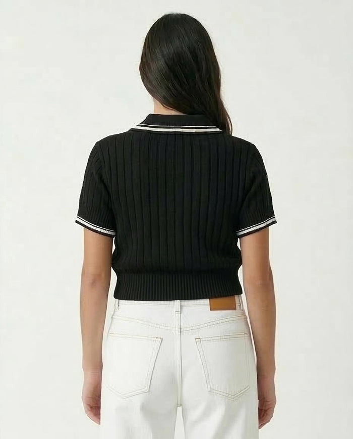 Ravin Women's Cable-Knit Cropped Polo Sweater – Black & White Preppy Knit - R206419
