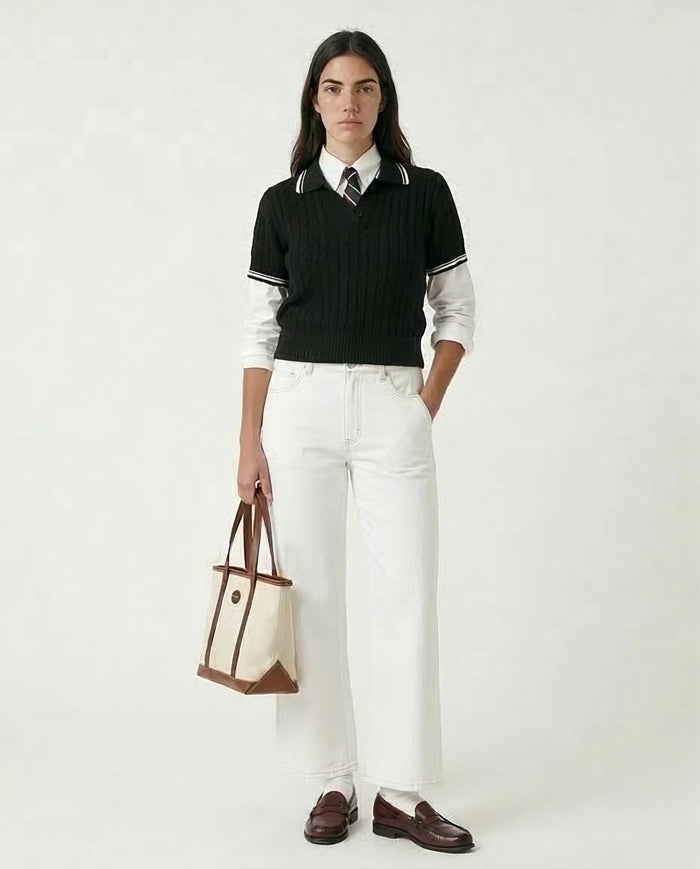 Ravin Women's Cable-Knit Cropped Polo Sweater – Black & White Preppy Knit - R206419