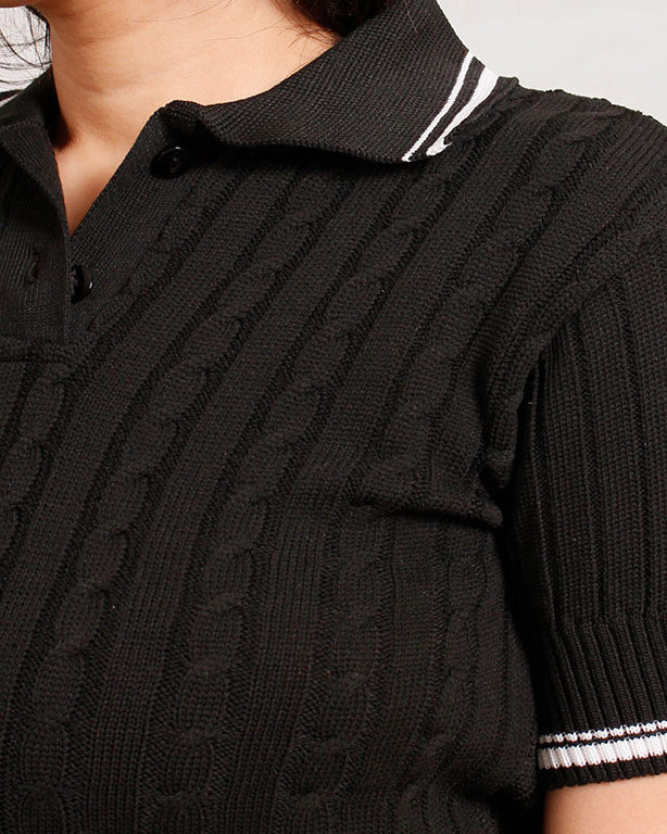 Ravin Women's Cable-Knit Cropped Polo Sweater – Black & White Preppy Knit - R206419