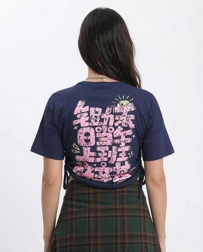Ravin Women’s Cinched-Side Graphic Tee – Navy Blue Distressed Print - R207870