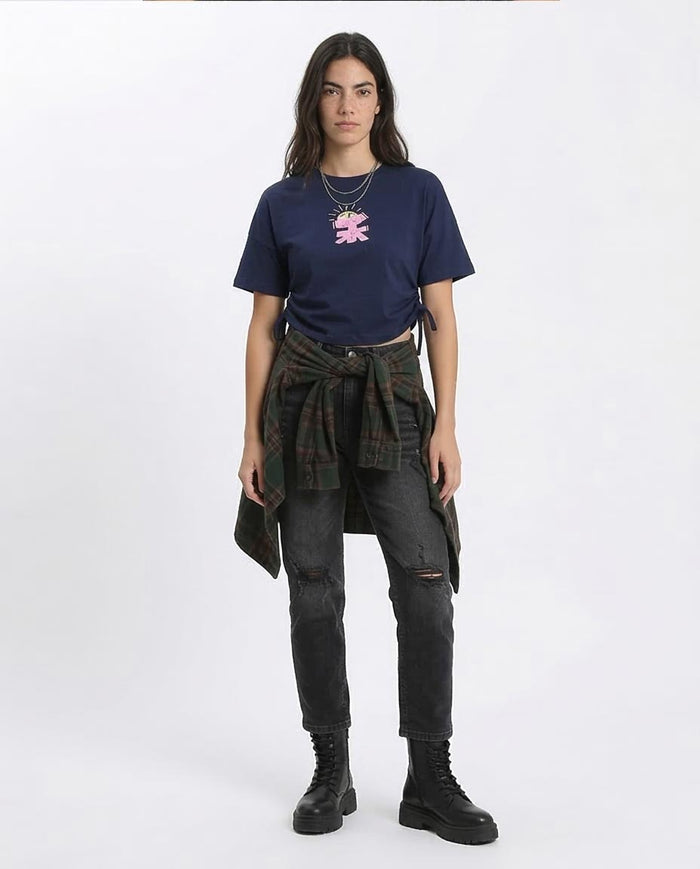 Ravin Women’s Cinched-Side Graphic Tee – Navy Blue Distressed Print - R207870