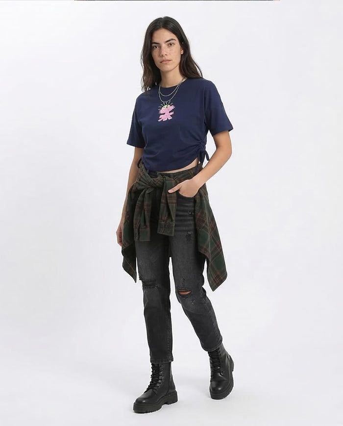 Ravin Women’s Cinched-Side Graphic Tee – Navy Blue Distressed Print - R207870