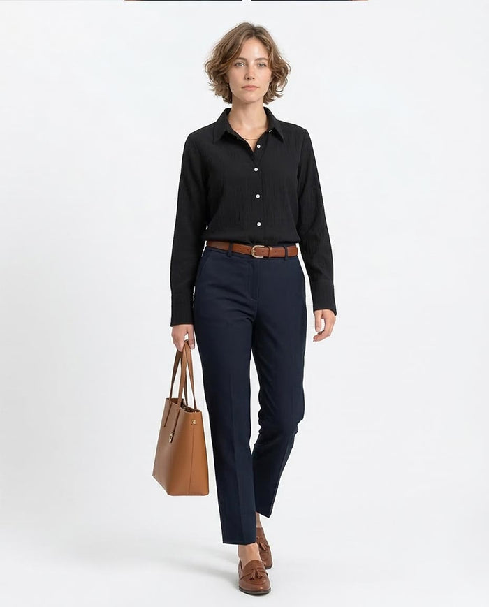 Ravin Women’s Crinkle-Textured Button-Down Shirt – Black - R208127