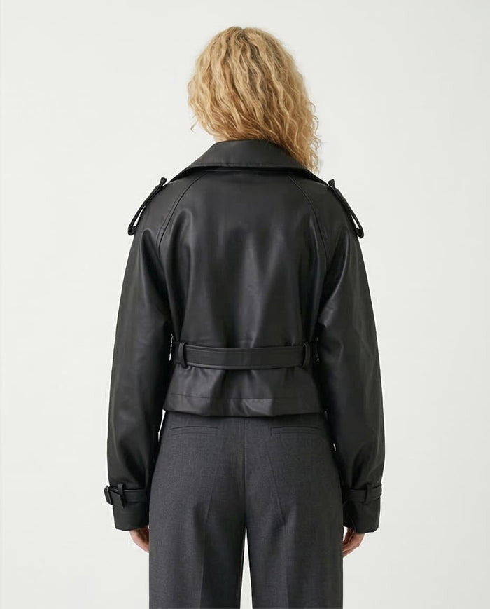 Ravin Women's Cropped Faux-Leather Double-Breasted Trench Jacket - Black - R211075