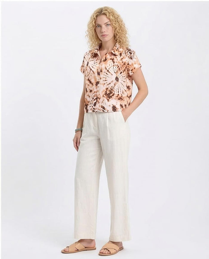 Ravin Women’s Earth-Tone Radial Tie-Dye Short Sleeve Linen-Look Shirt - Brown & Light Orange - R204845