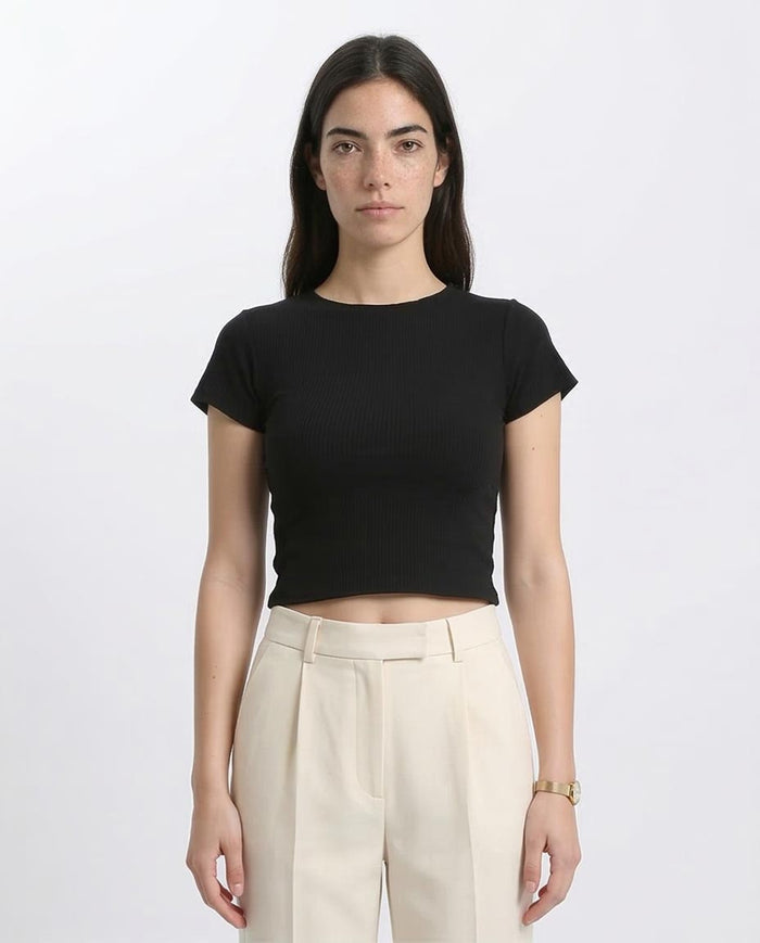 Women's Essential Ribbed Crew Neck Crop Top - Black