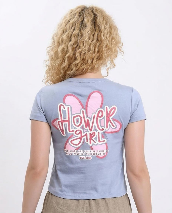 Ravin Women's "Flower Girl" Cropped Graphic T-Shirt - Periwinkle Blue - R208602