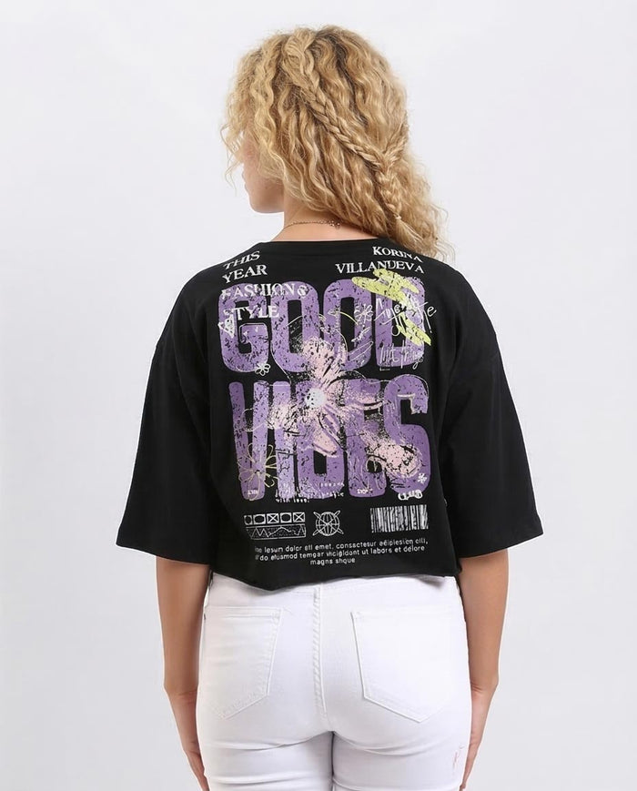 Ravin Women's "Good Vibes" Cropped Graphic T-Shirt – Black - R208611