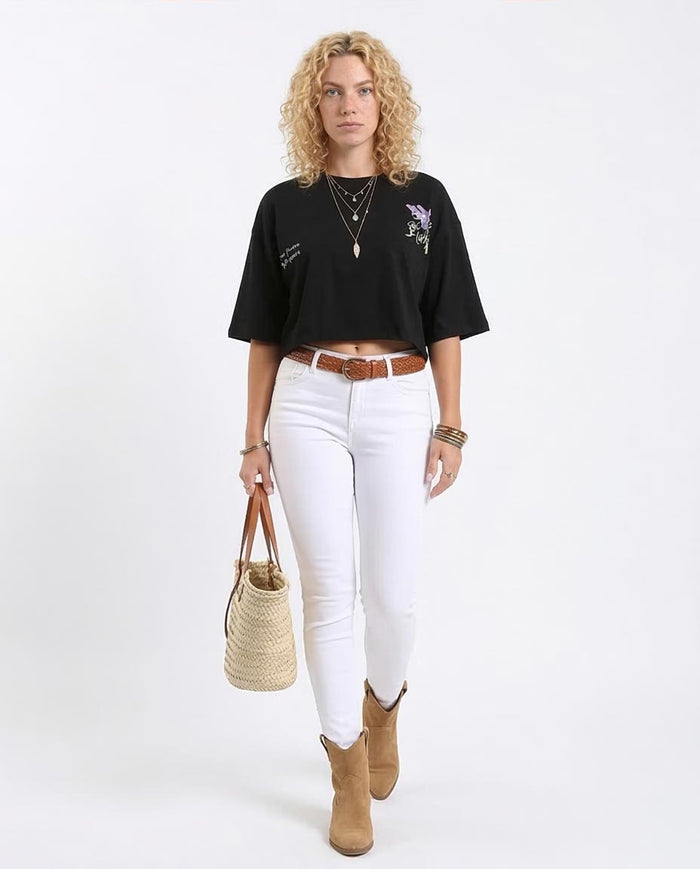 Ravin Women's "Good Vibes" Cropped Graphic T-Shirt – Black - R208611