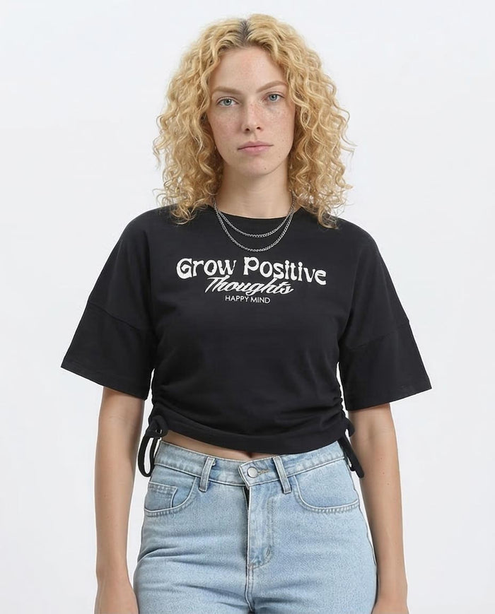 Women's "grow Positive" Graphic T-Shirt with Cinched Side Ties - Black