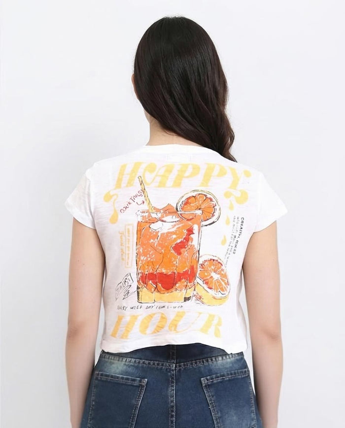 Ravin Women’s "Happy Hour" Graphic Cropped Slub T-Shirt - White - R208614