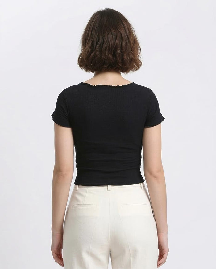 Ravin Women's Lettuce-Trim Ribbed Crop Top - Black - R206378