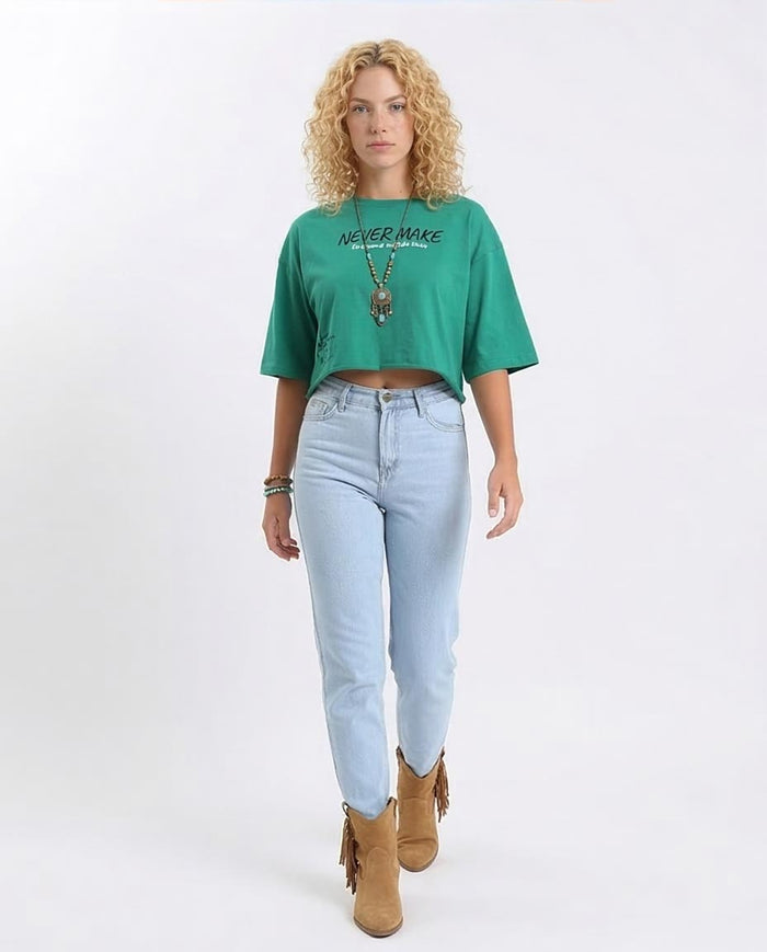 Ravin Women's "Never Make" Cropped Graphic Tee – Green - R208516
