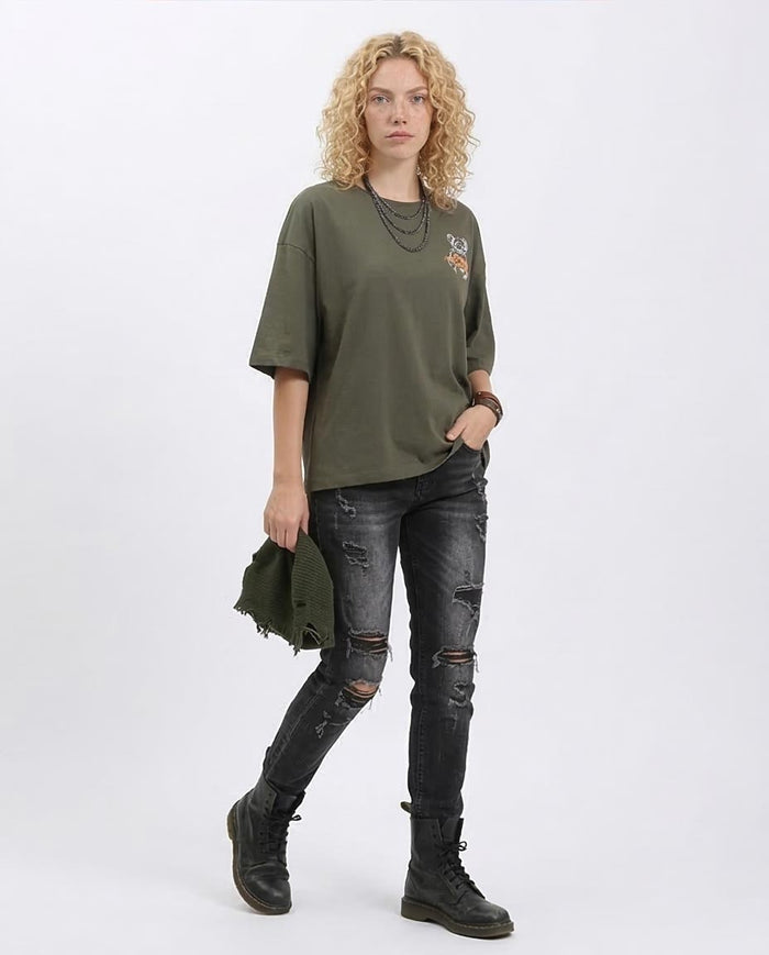 Ravin Women's Oversized Drop-Shoulder Graphic Tee – Olive Green - R209138