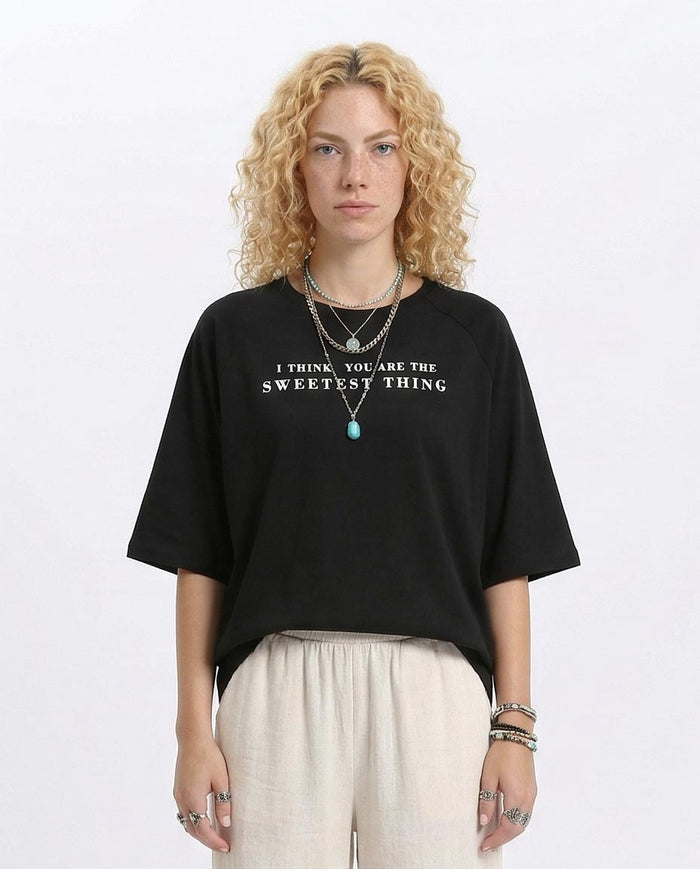 Women's Oversized Raglan T-Shirt with Graphic Back Print - Black