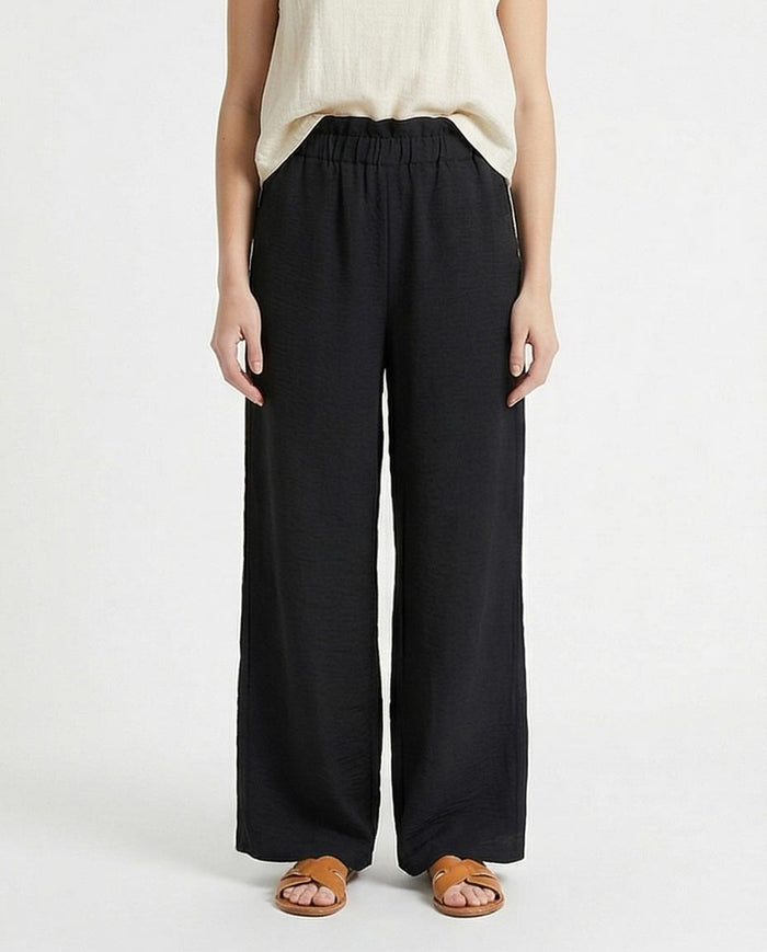 Women's Paperbag High-Waist Linen Trousers - Black Wide Leg Relaxed Fit Pants