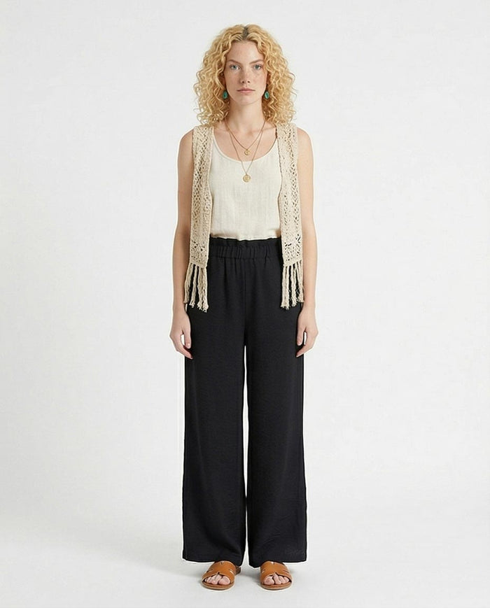 Ravin Women’s Paperbag High-Waist Linen Trousers – Black Wide Leg Relaxed Fit Pants - R217072