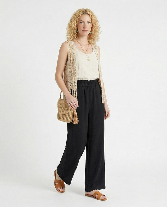 Ravin Women’s Paperbag High-Waist Linen Trousers – Black Wide Leg Relaxed Fit Pants - R217072