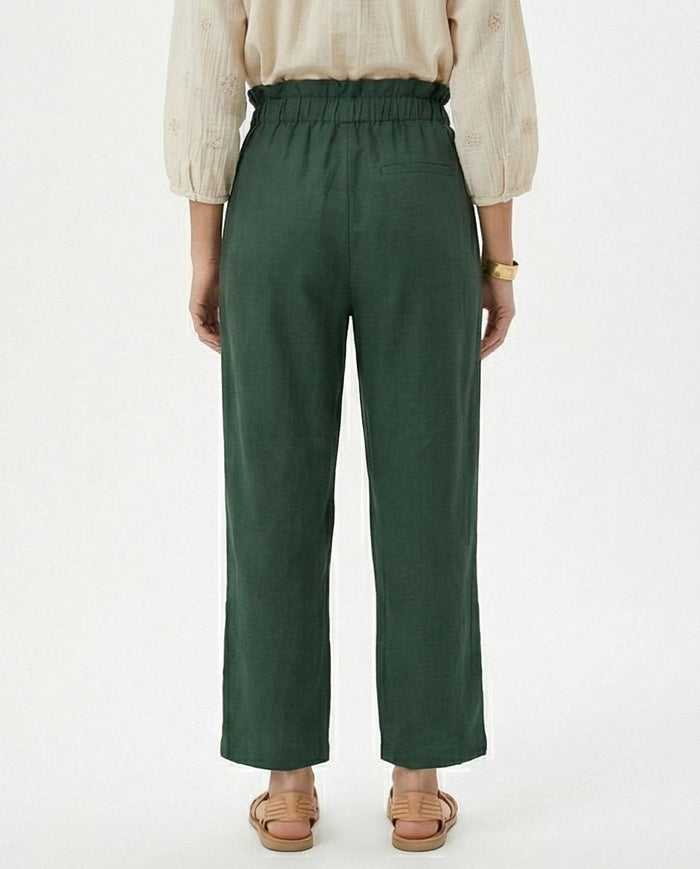 Ravin Women’s Paperbag High-Waist Linen Trousers – Forest Green Wide Leg Pants - R217073-