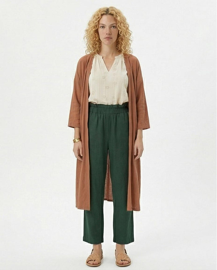 Ravin Women’s Paperbag High-Waist Linen Trousers – Forest Green Wide Leg Pants - R217073-