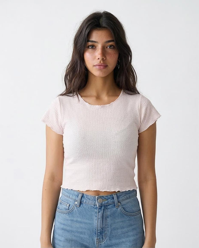 Women's Textured Lettuce-Edge Cropped Tee - Off White