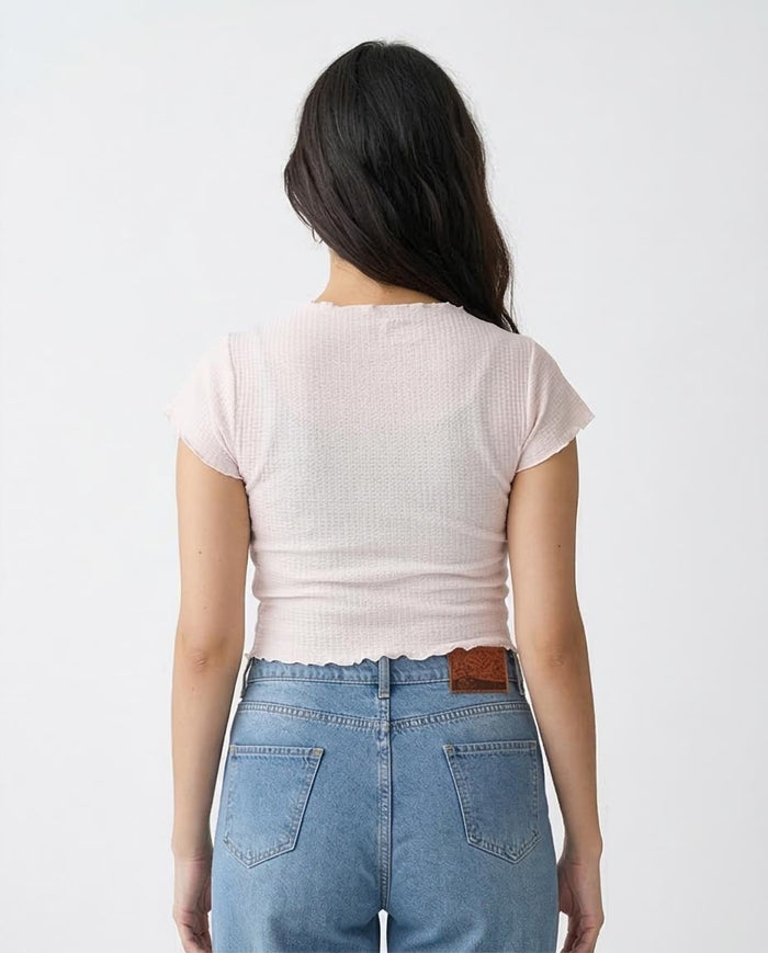 Ravin Women’s Textured Lettuce-Edge Cropped Tee  - Off White - R205496